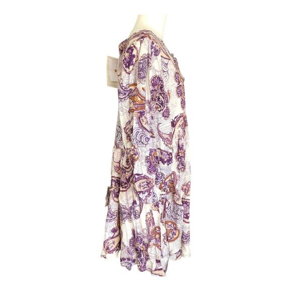 Band Of The Free NWT Lyonnette Paisley Boho Long Sleeve Mini Dress Cream Purple - Picture 4 of 13